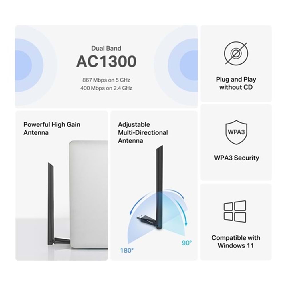 MERCUSYS MA30H AC1300 Yüksek Kazançlı Kablosuz Çift Bant USB Adaptörü