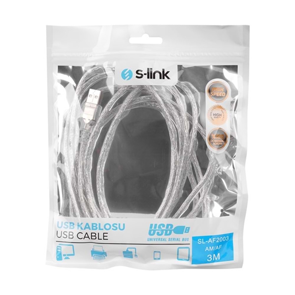 S-link SL-AF2003 Usb2.0 3m Şeffaf Uzatma Kablo