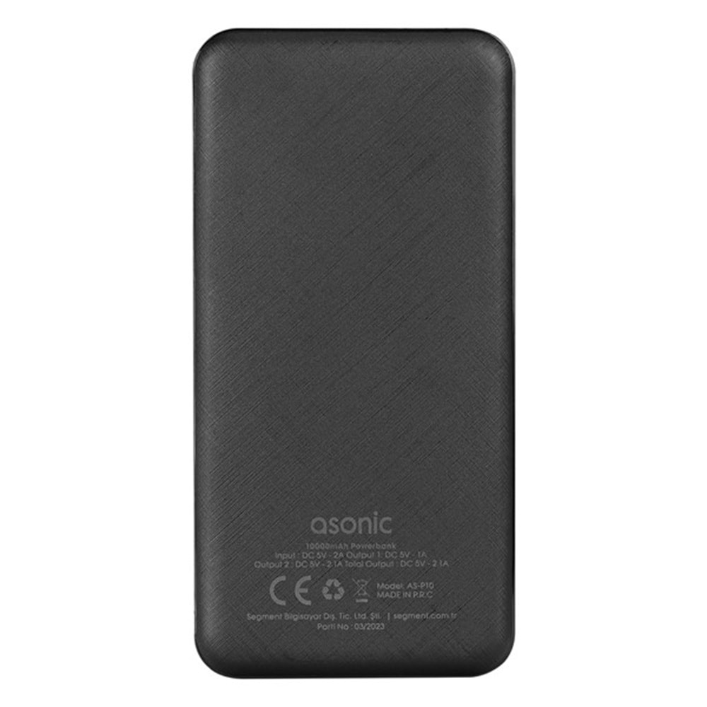 Asonic AS-P10 10000mAh 2*USB Output Powerbank Siyah Taşınabilir Pil Şarj Cihazı