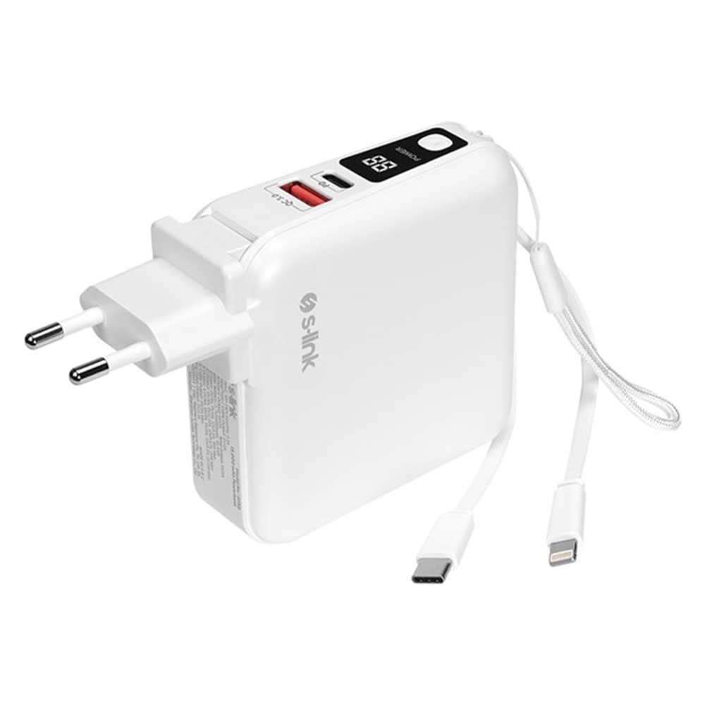 S-link G150 15000mAh Lightning+Type-C Kablolu Powerbank Beyaz PD22.5W LCD AC Prizli Taşınabilir Pil Şarj Cihazı