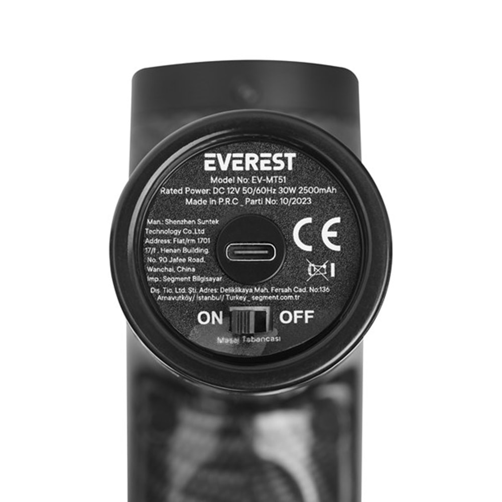 Everest EV-MT51 12V Dijital Karbon Fiber/Siyah 2500 mAh Kablosuz Profesyonel Sporcu 30 Kademeli Hız 7 Başlıklı Masaj Tab