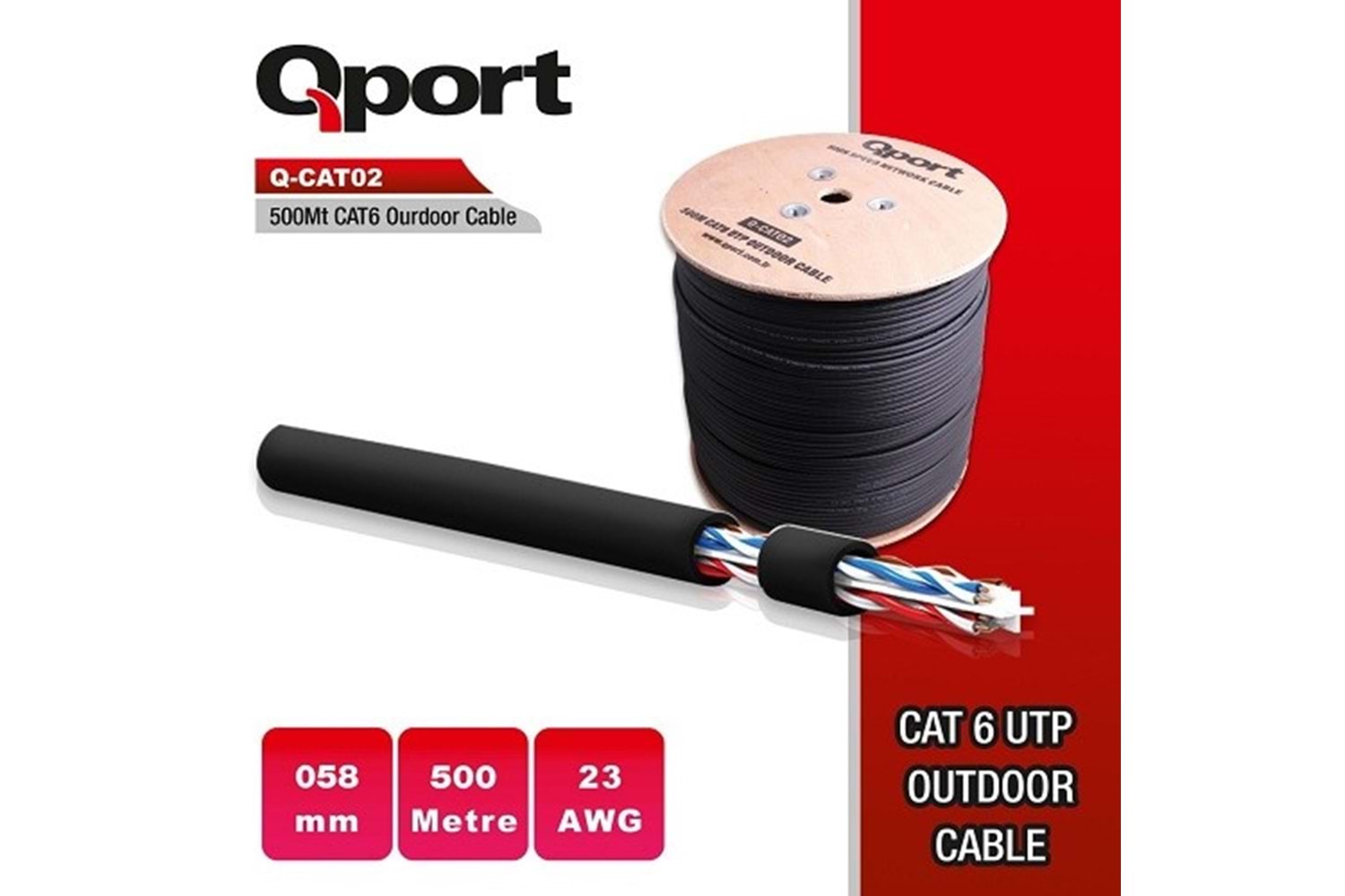 QPORT CAT6 Utp 23AWG Siyah 500m Outdoor Makaralı Kablo Q-CATO2