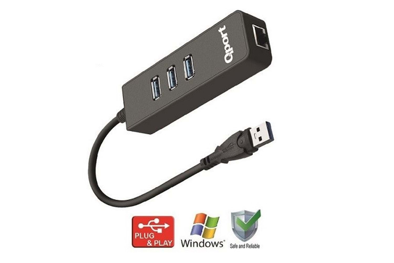 QPORT Q-U3G Gigabit 1port USB 3.0 Ethernet,3x USB Çoklayıcı