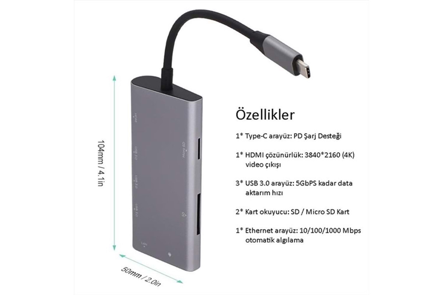 CODEGEN CDG-CNV40 3port Type-C & Ethernet,HDMI,Type-C Kart Okuyucu Gümüş USB Çoklayıcı Hub
