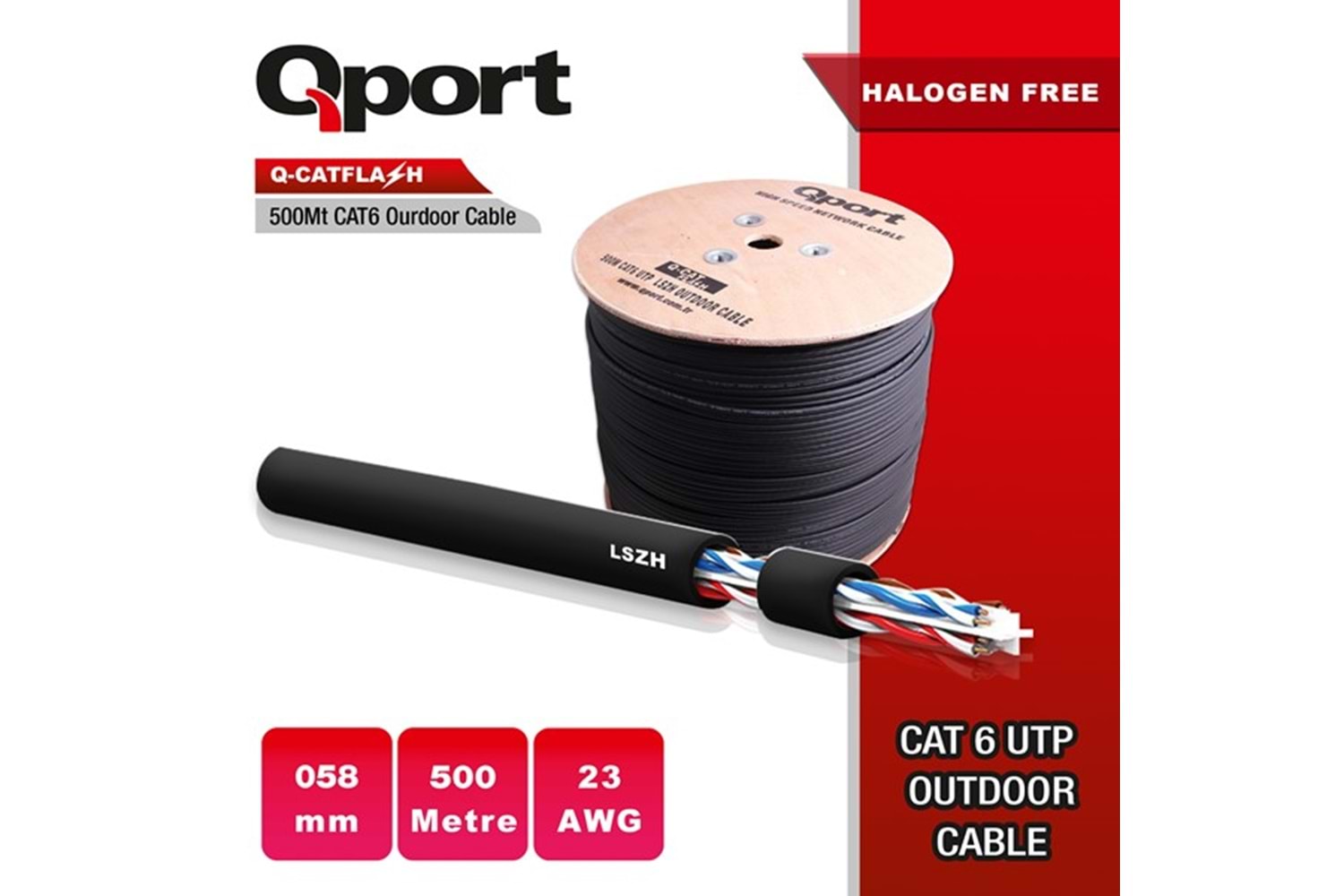 QPORT CAT6 Utp 23AWG 500m Outdoor Makaralı LSZH Kablo Q-CATFLASH