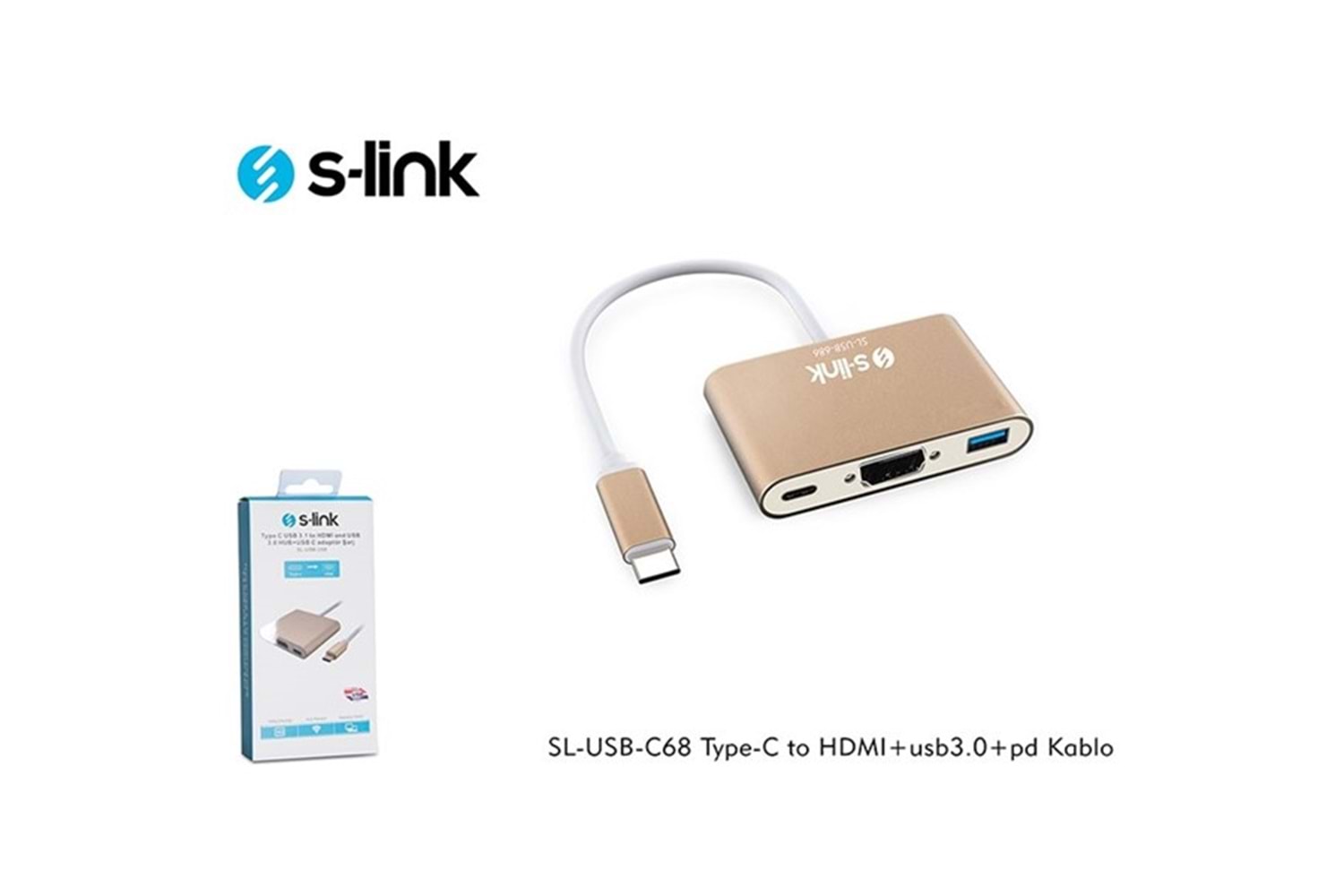 S-LINK SL-USB-C68 0.15metre TYPE-C - HDMI_USB 3.0 Çevirici Adaptör Gold 4K