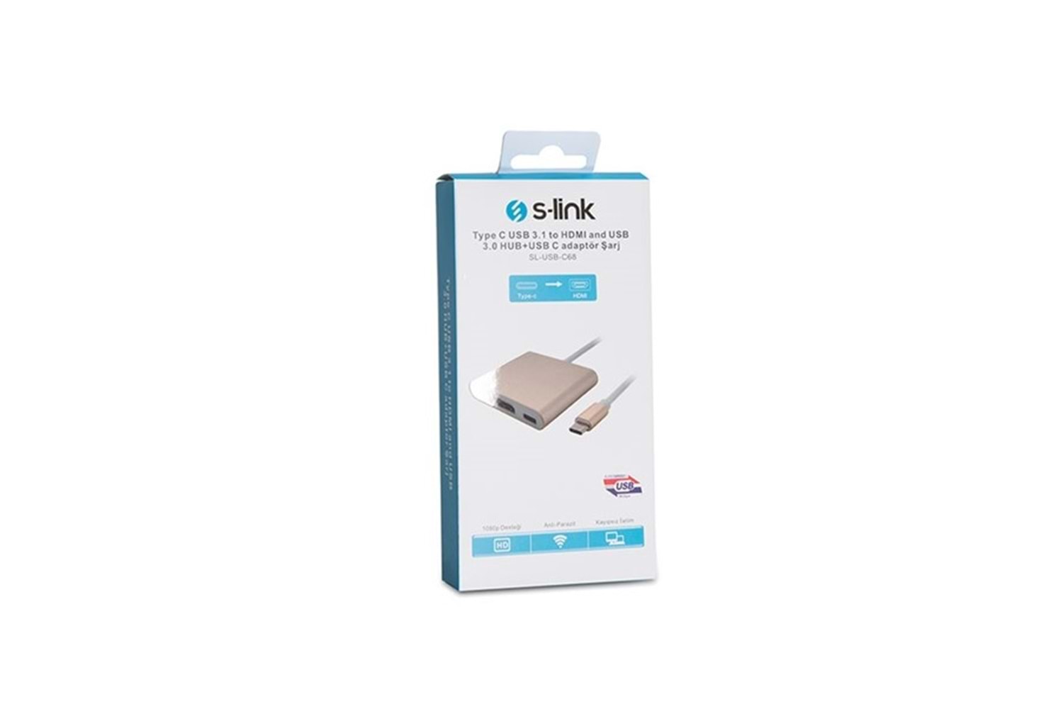 S-LINK SL-USB-C68 0.15metre TYPE-C - HDMI_USB 3.0 Çevirici Adaptör Gold 4K