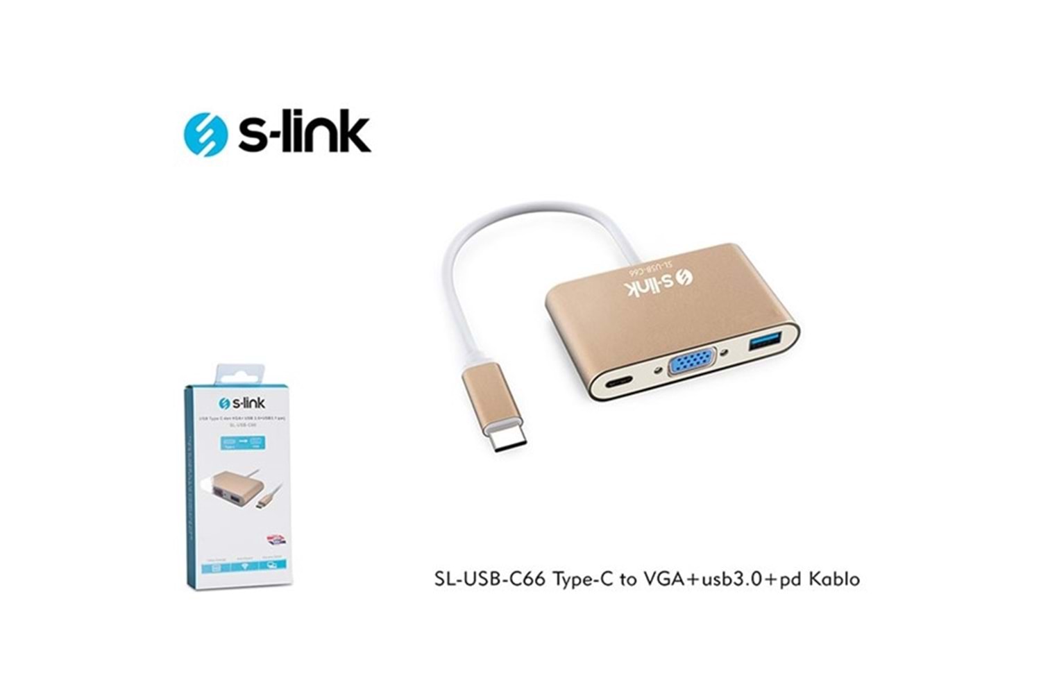 S-LINK SL-USB-C66 0.15metre TYPE-C-USB 3.0_VGA Çevirici Adaptör Gold 4K