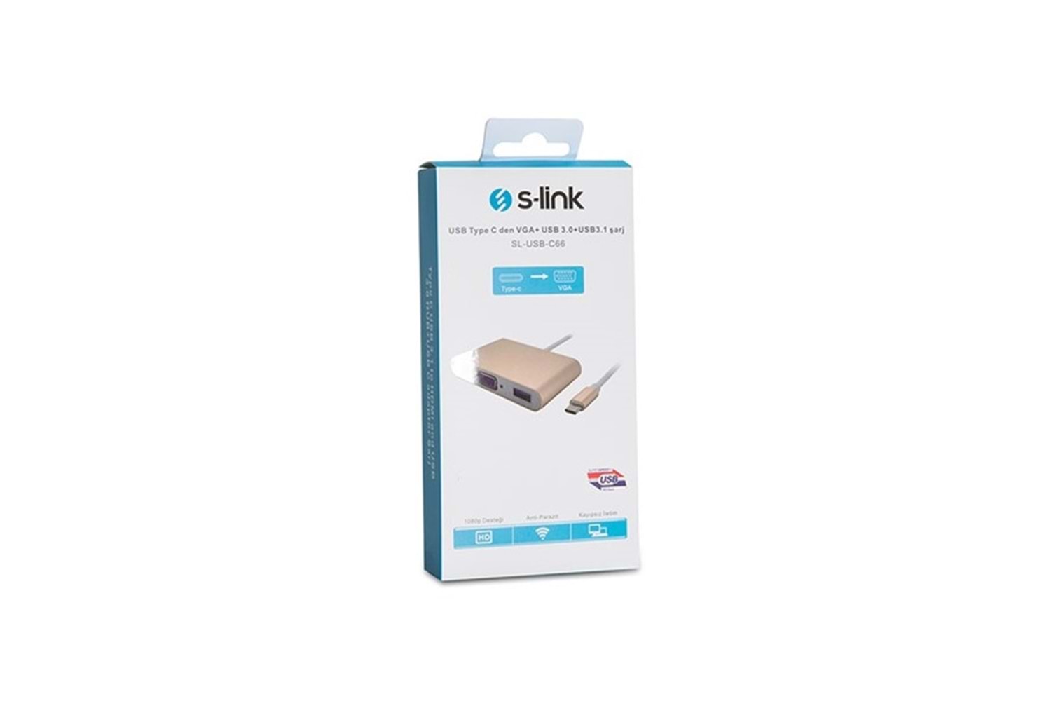 S-LINK SL-USB-C66 0.15metre TYPE-C-USB 3.0_VGA Çevirici Adaptör Gold 4K
