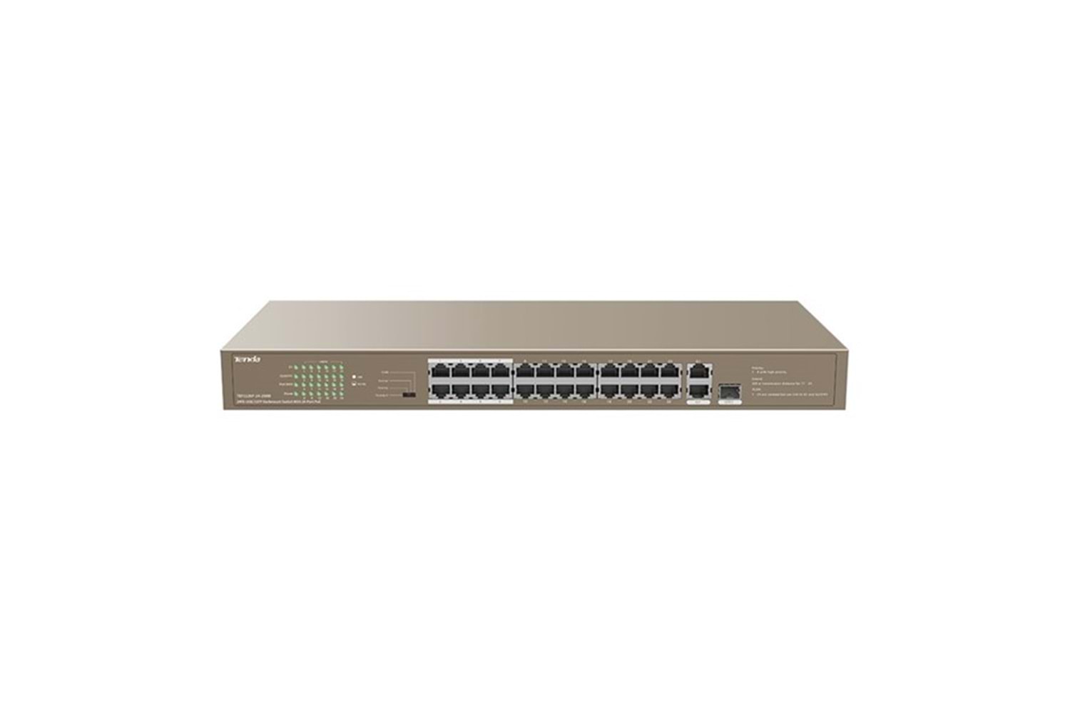 TENDA 24port 250w FULL PoE TEF1126P-24-250W 10/100/ 2x1000 1X SFP Yönetilemez Switch RackMount