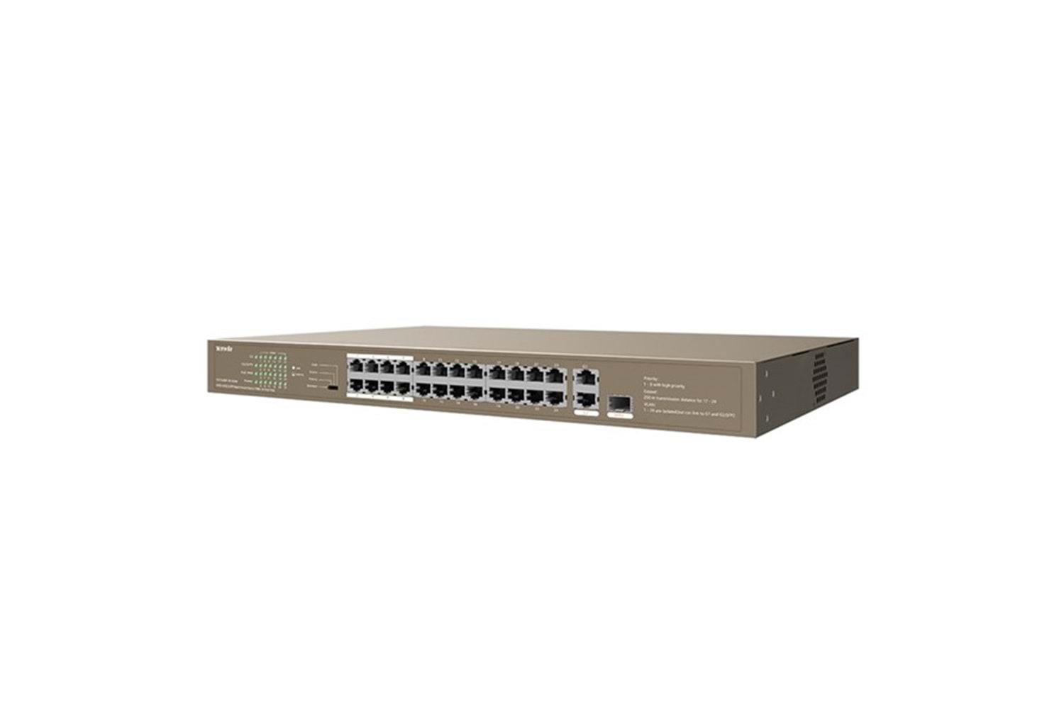 TENDA 24port 250w FULL PoE TEF1126P-24-250W 10/100/ 2x1000 1X SFP Yönetilemez Switch RackMount