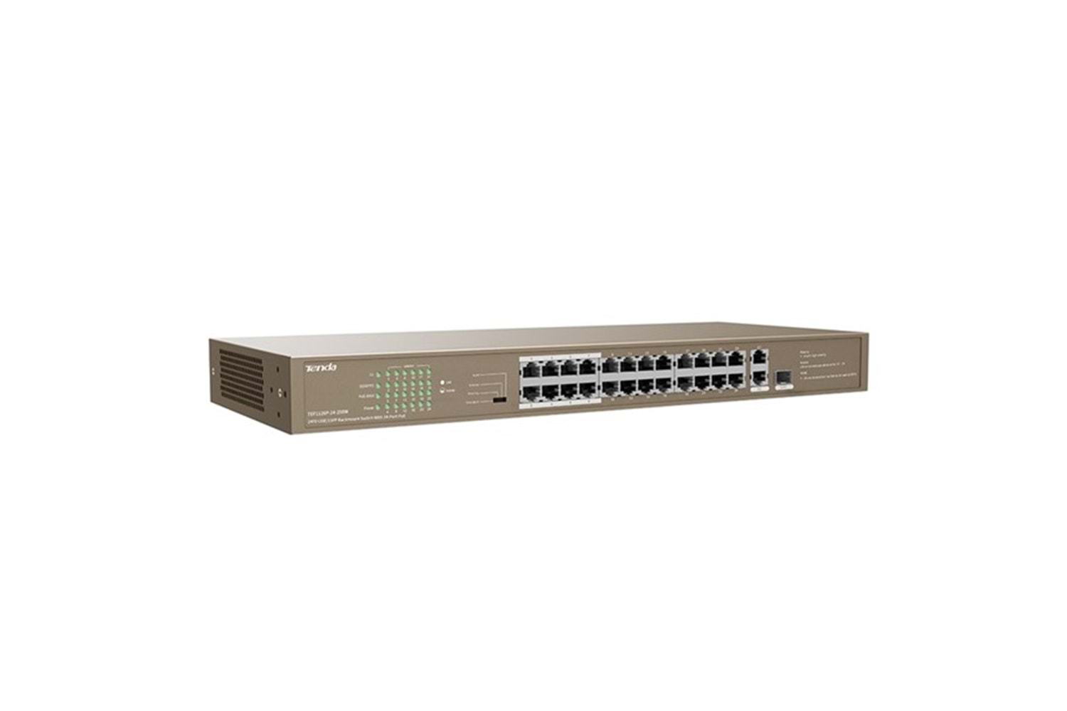 TENDA 24port 250w FULL PoE TEF1126P-24-250W 10/100/ 2x1000 1X SFP Yönetilemez Switch RackMount