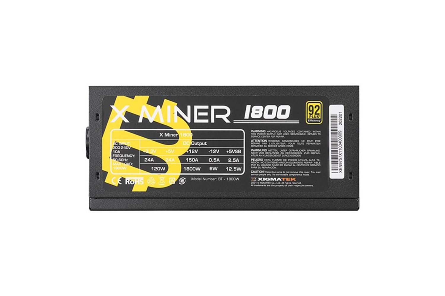 XIGMATEK 1800W 92 MINER BT-1800W EN9757 X 14CM FANLI MINING POWER SUPPLY