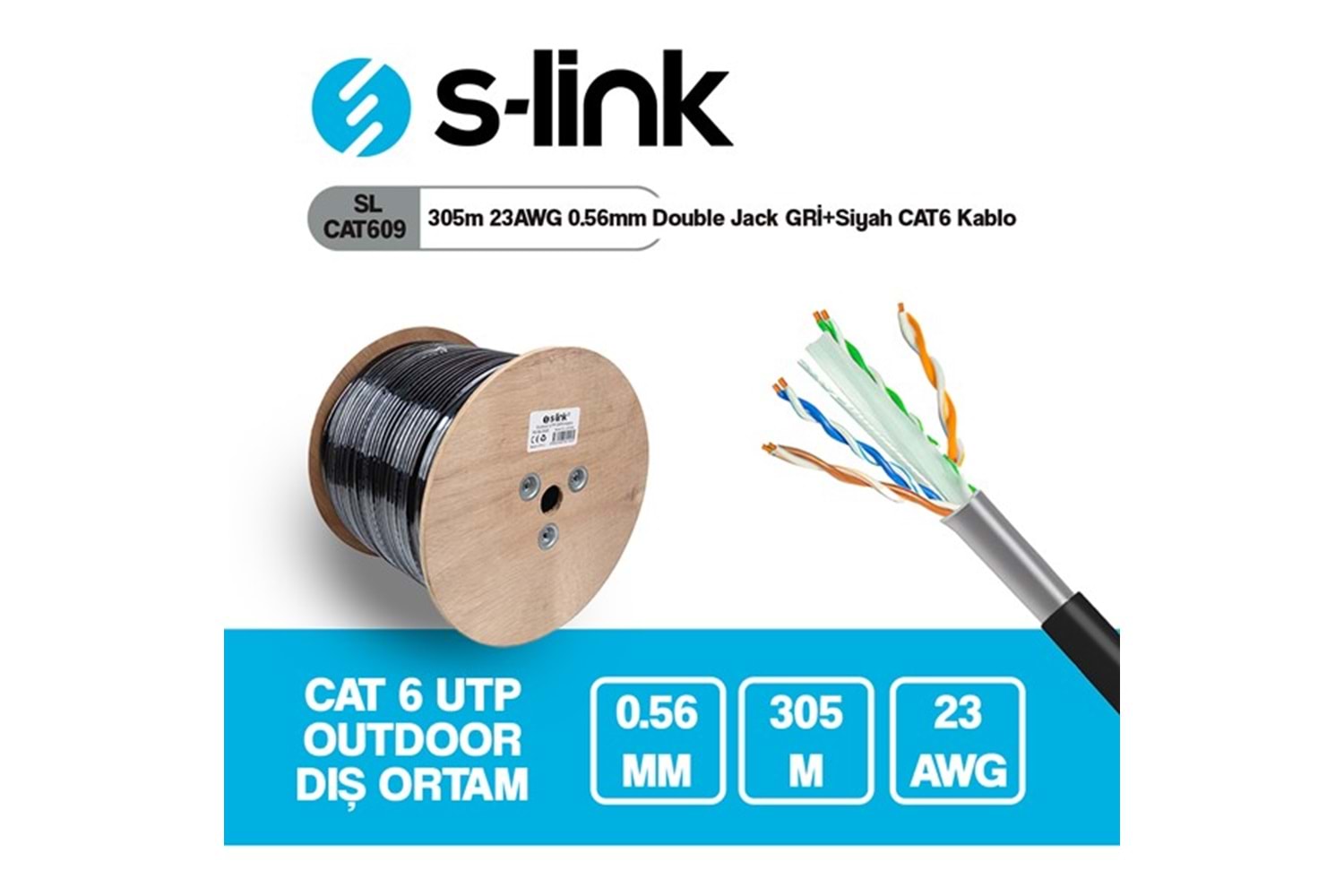 S-link SL-CAT609 305m 23AWG 0.56mm CCA Double Jack GRİ+Siyah CAT6 Kablo