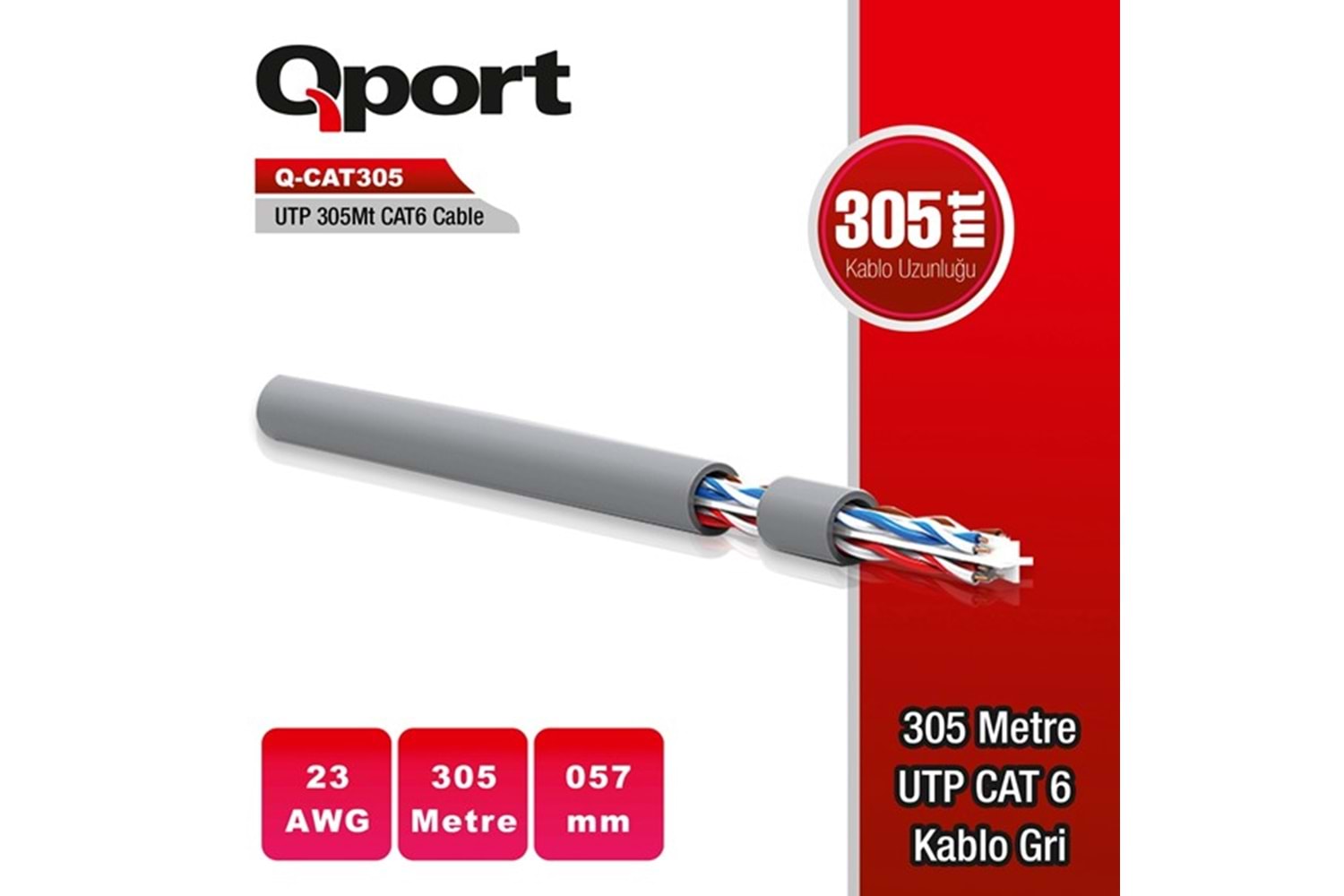 QPORT CAT6 Utp 23AWG Gri 305m Kablo Q-CAT6