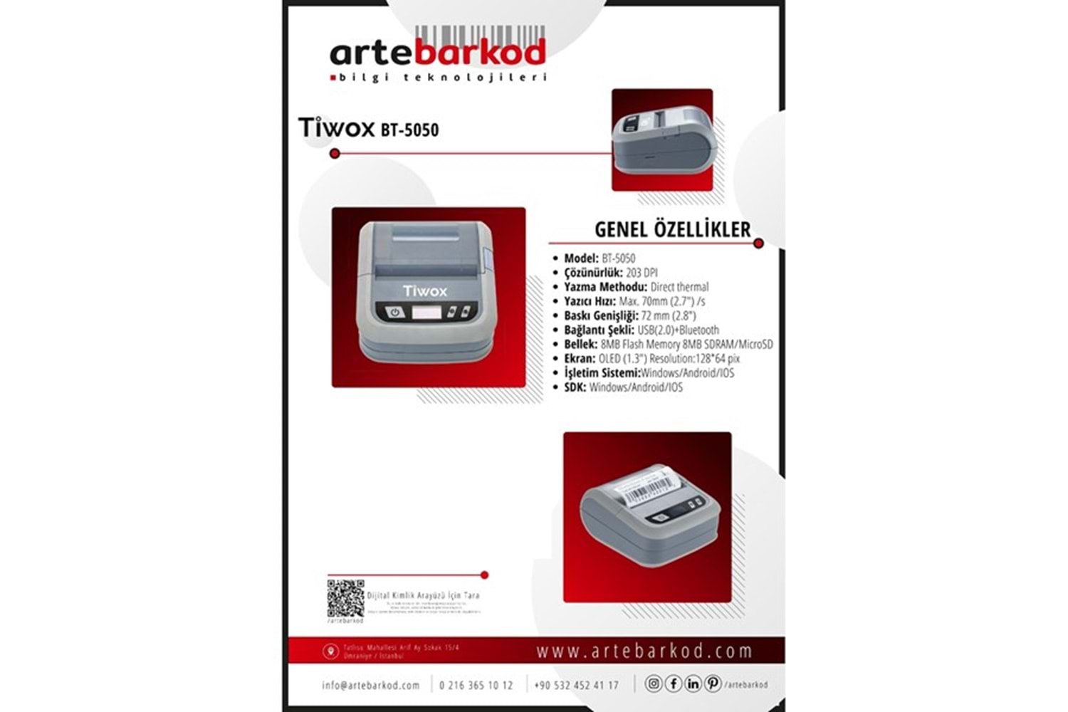 TIWOX 203dpi BT-5050 Direkt Termal USB Bluetooth Mobil Barkod Yazıcı