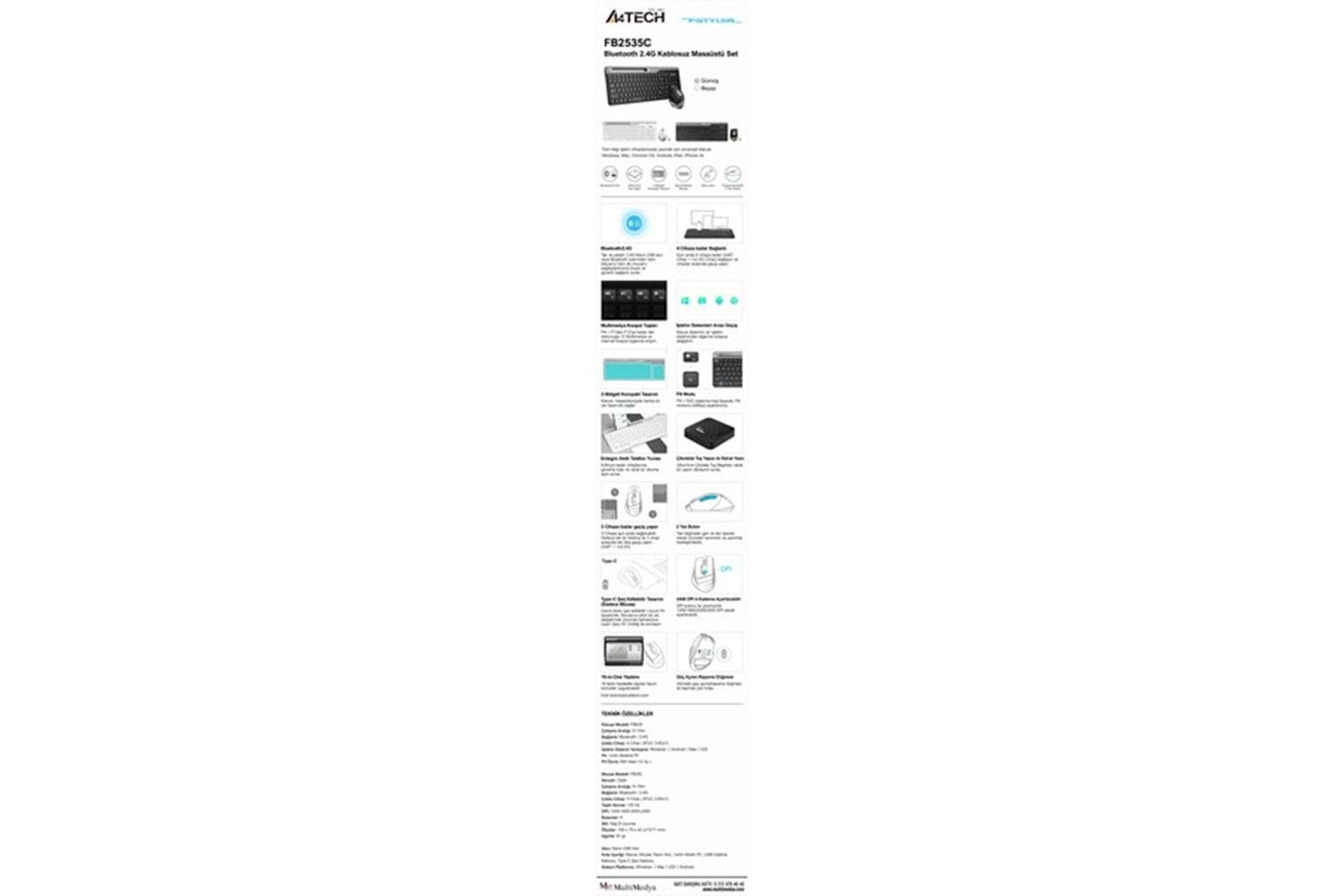 A4 TECH FB2535C Bluetooth Kablosuz Q Trk Optic Mouse Siyah/Gri Multimedya Klavye - Mouse Set
