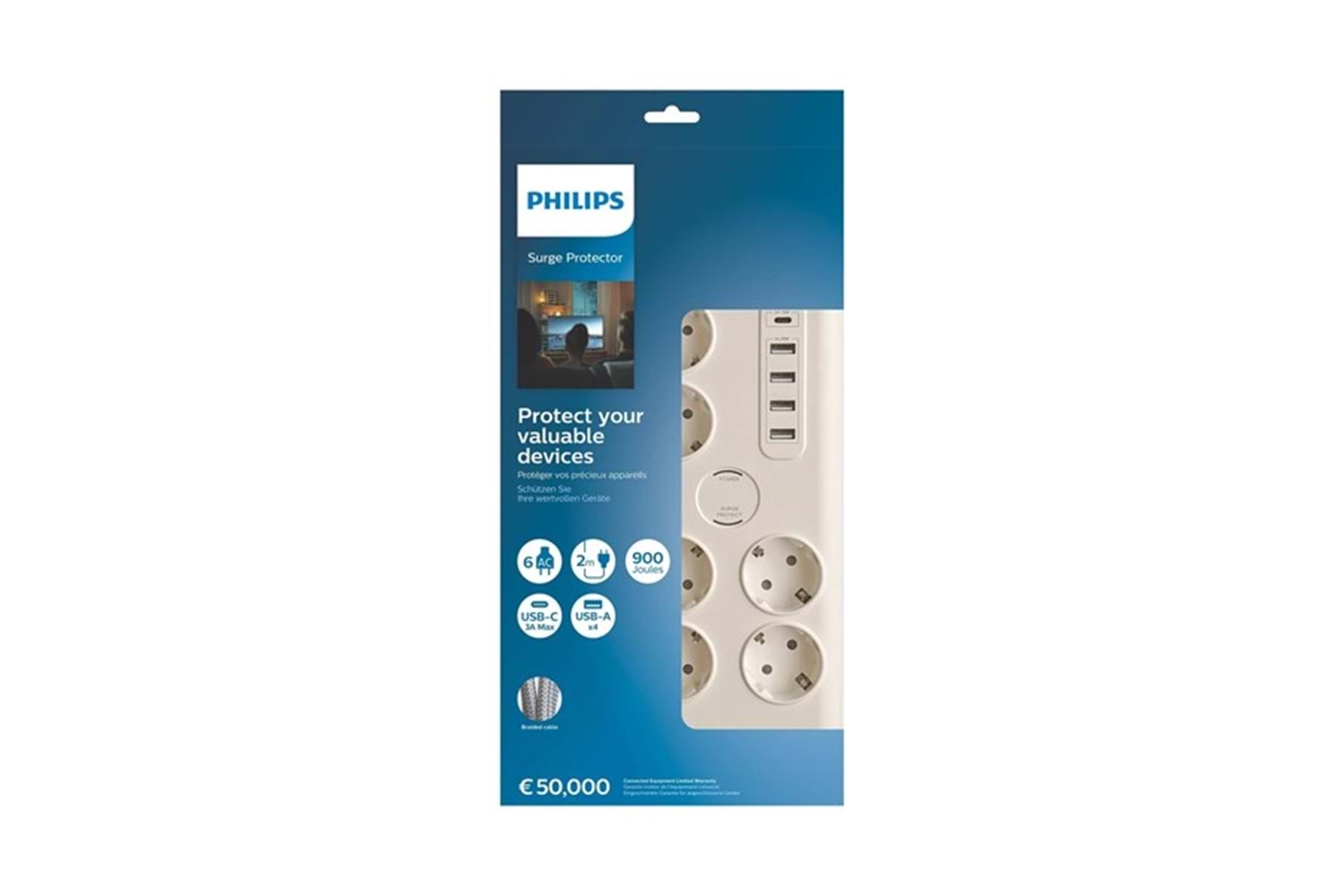 PHILIPS 6-lı SPN7060WA/62 900 Joules Akım Koruma Prizi Beyaz 4-USB/1-TYPEC