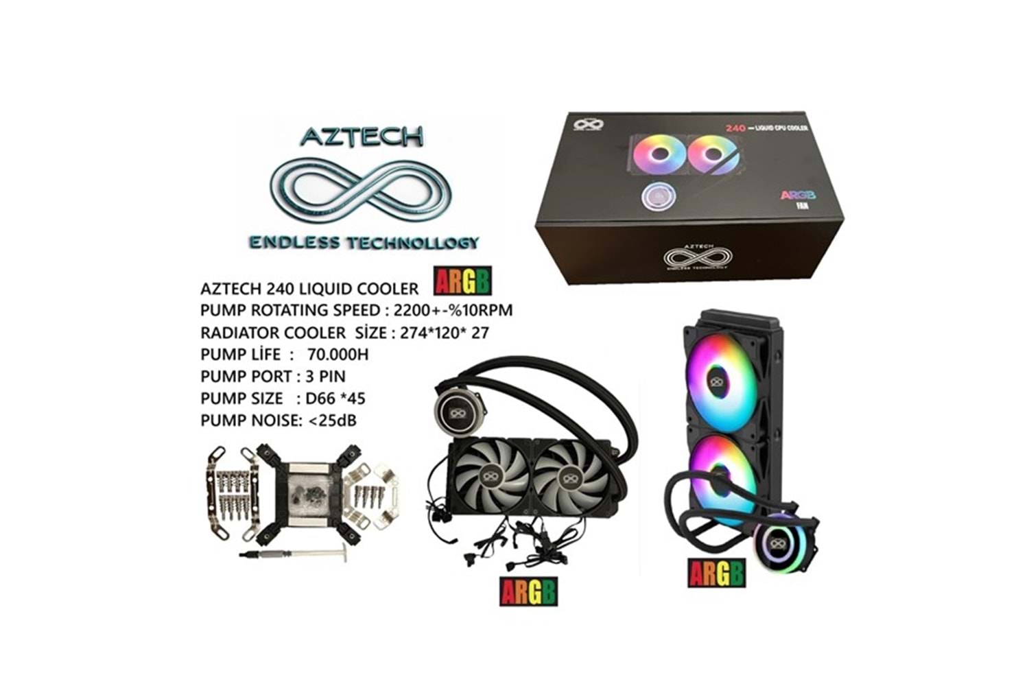 AZTECH 240mm LIQUID COOLING AZ240-1B ARGB Sıvı Soğutmalı AM5-1851p İşlemci Fanı