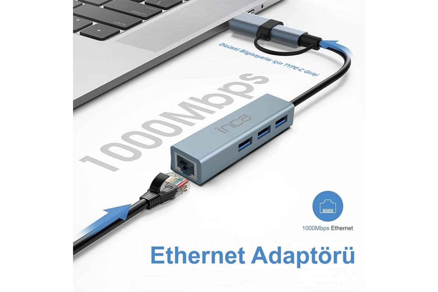 INCA IUTP-03T Gigabit TYPEC-USB 3.0 Ethernet 3x USB Çoklayıcı
