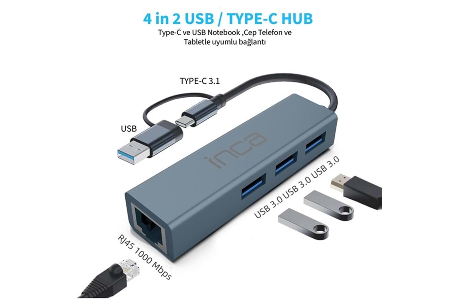 INCA IUTP-03T Gigabit TYPEC-USB 3.0 Ethernet 3x USB Çoklayıcı