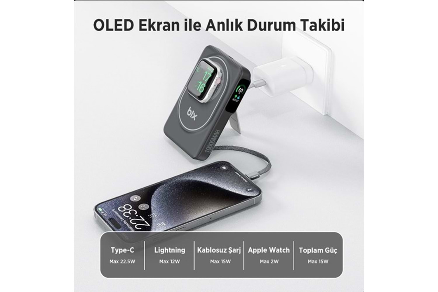 BİX 10000mAh TPB16-BK 6'SI 1 ARADA OLED EKRANLI Siyah KABLOSUZ POWERBANK