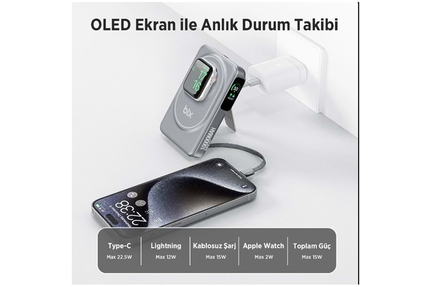 BİX 10000mAh TPB16-GR 6'SI 1 ARADA OLED EKRANLI Gri KABLOSUZ POWERBANK