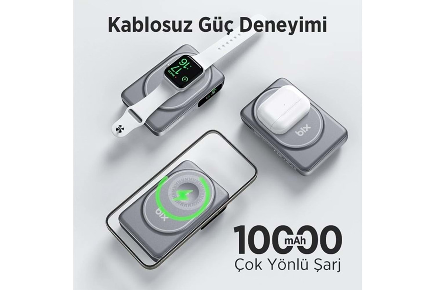 BİX 10000mAh TPB16-GR 6'SI 1 ARADA OLED EKRANLI Gri KABLOSUZ POWERBANK