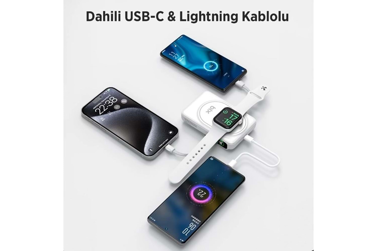 BİX 10000mAh TPB16-WE 6'SI 1 ARADA OLED EKRANLI Beyaz KABLOSUZ POWERBANK