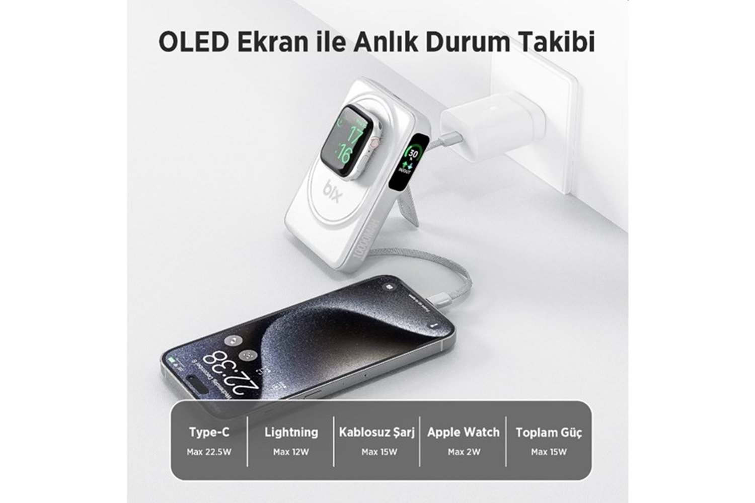 BİX 10000mAh TPB16-WE 6'SI 1 ARADA OLED EKRANLI Beyaz KABLOSUZ POWERBANK
