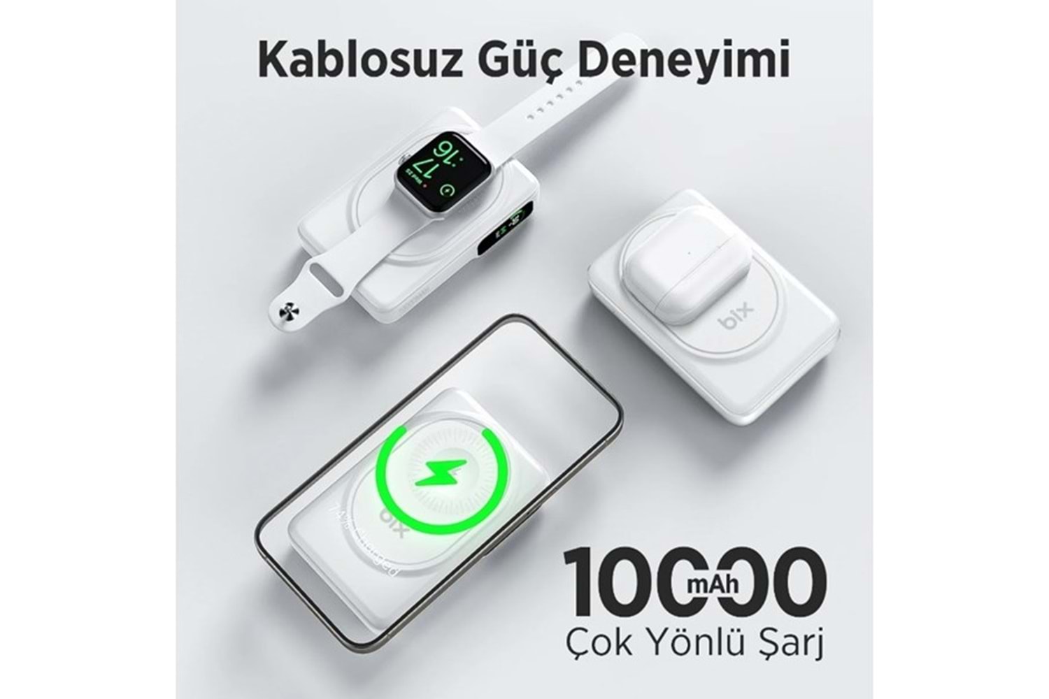 BİX 10000mAh TPB16-WE 6'SI 1 ARADA OLED EKRANLI Beyaz KABLOSUZ POWERBANK