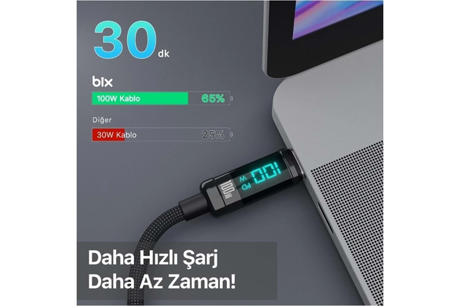 BİX BX09CC-BK SİYAH TYPE-C 100W 1 metre DİJİTAL EKRANLI ŞARJ VE DATA KABLOSU