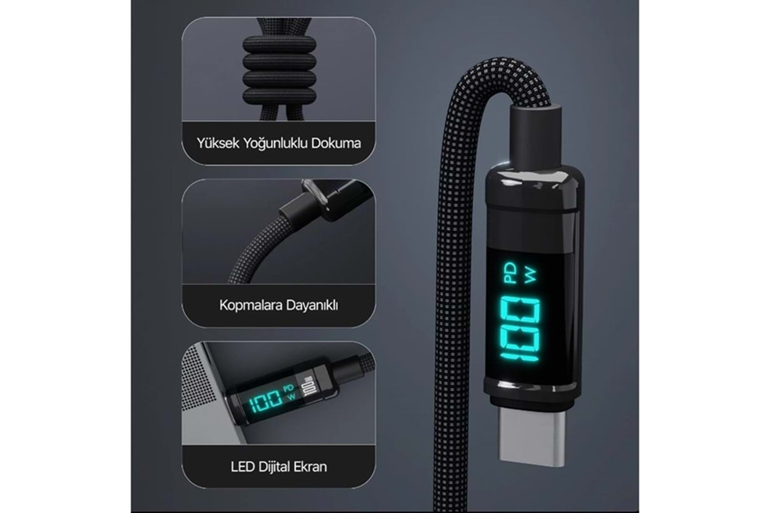 BİX BX09CC-BK SİYAH TYPE-C 100W 1 metre DİJİTAL EKRANLI ŞARJ VE DATA KABLOSU