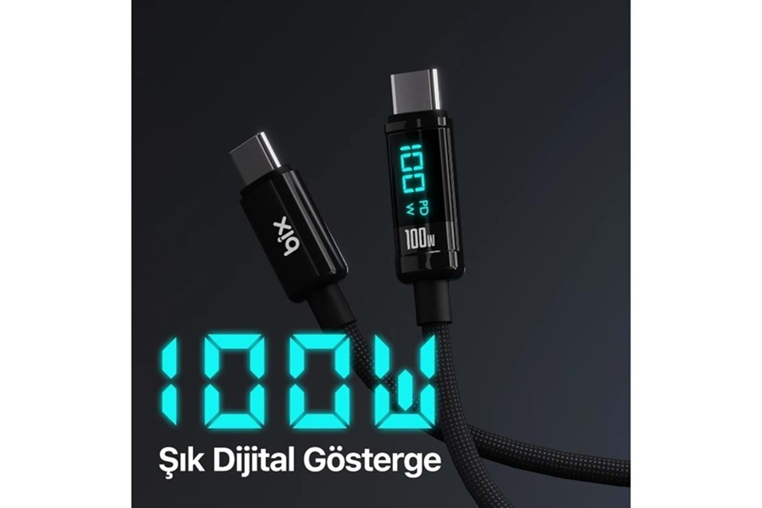 BİX BX09CC-BK SİYAH TYPE-C 100W 1 metre DİJİTAL EKRANLI ŞARJ VE DATA KABLOSU