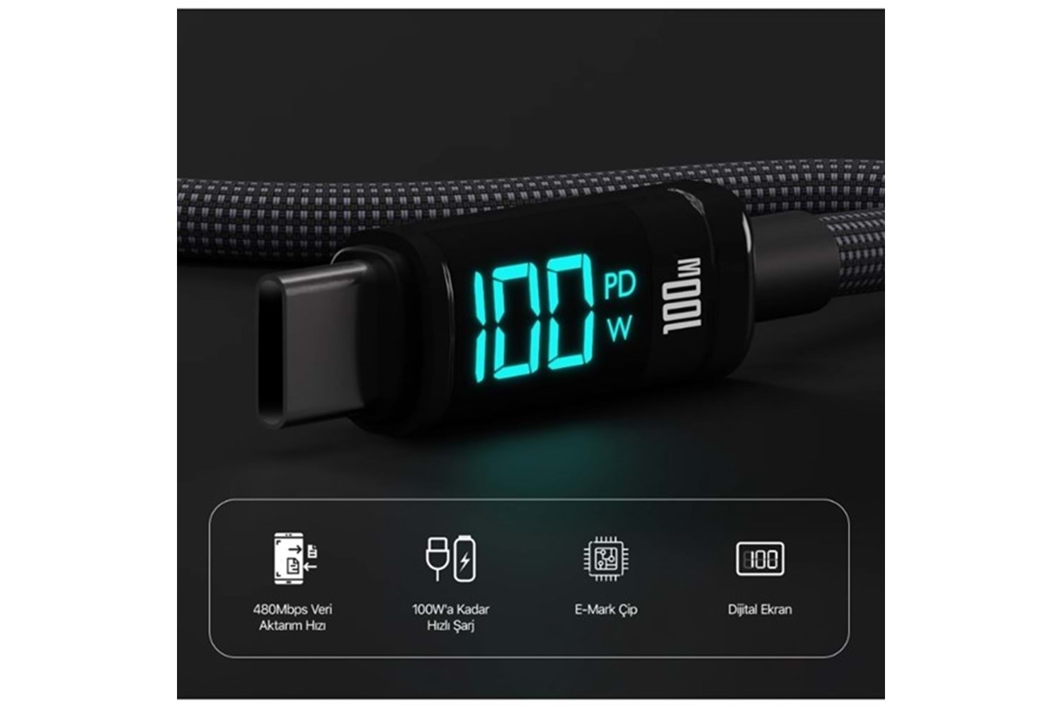 BİX BX09CC-BK SİYAH TYPE-C 100W 1 metre DİJİTAL EKRANLI ŞARJ VE DATA KABLOSU