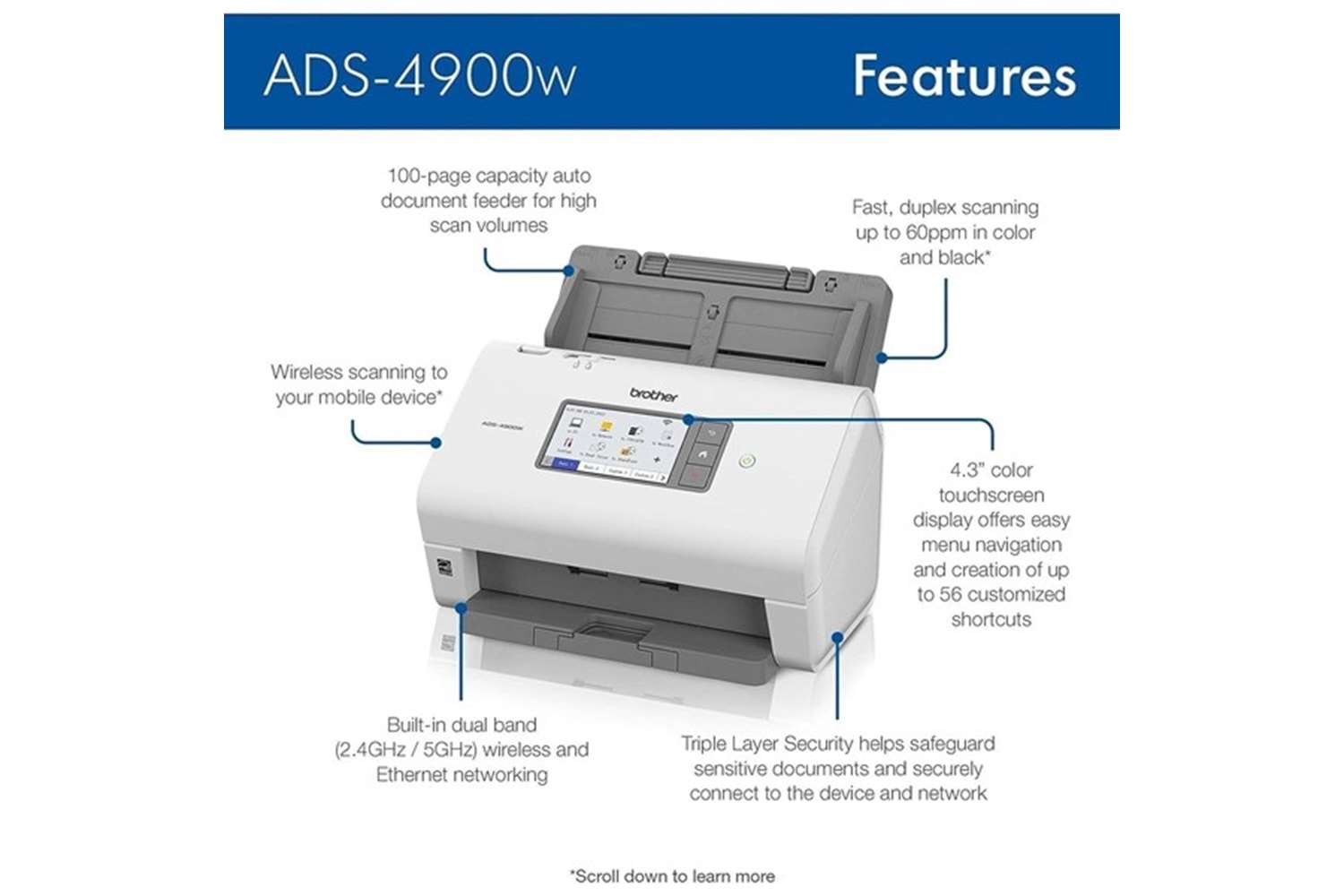 BROTHER A4 ADS-4900W 60PPM Dokuman Tarayıcı Kablosuz