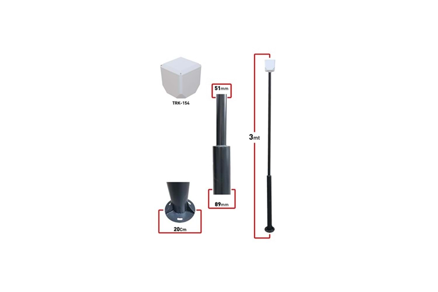 Trk 3 Metre 89X51x2mm (+Trk-154 Küp İle Birlikte) Kamera Direk 7016 Düz Mat Antrasit Fırın Boyalı