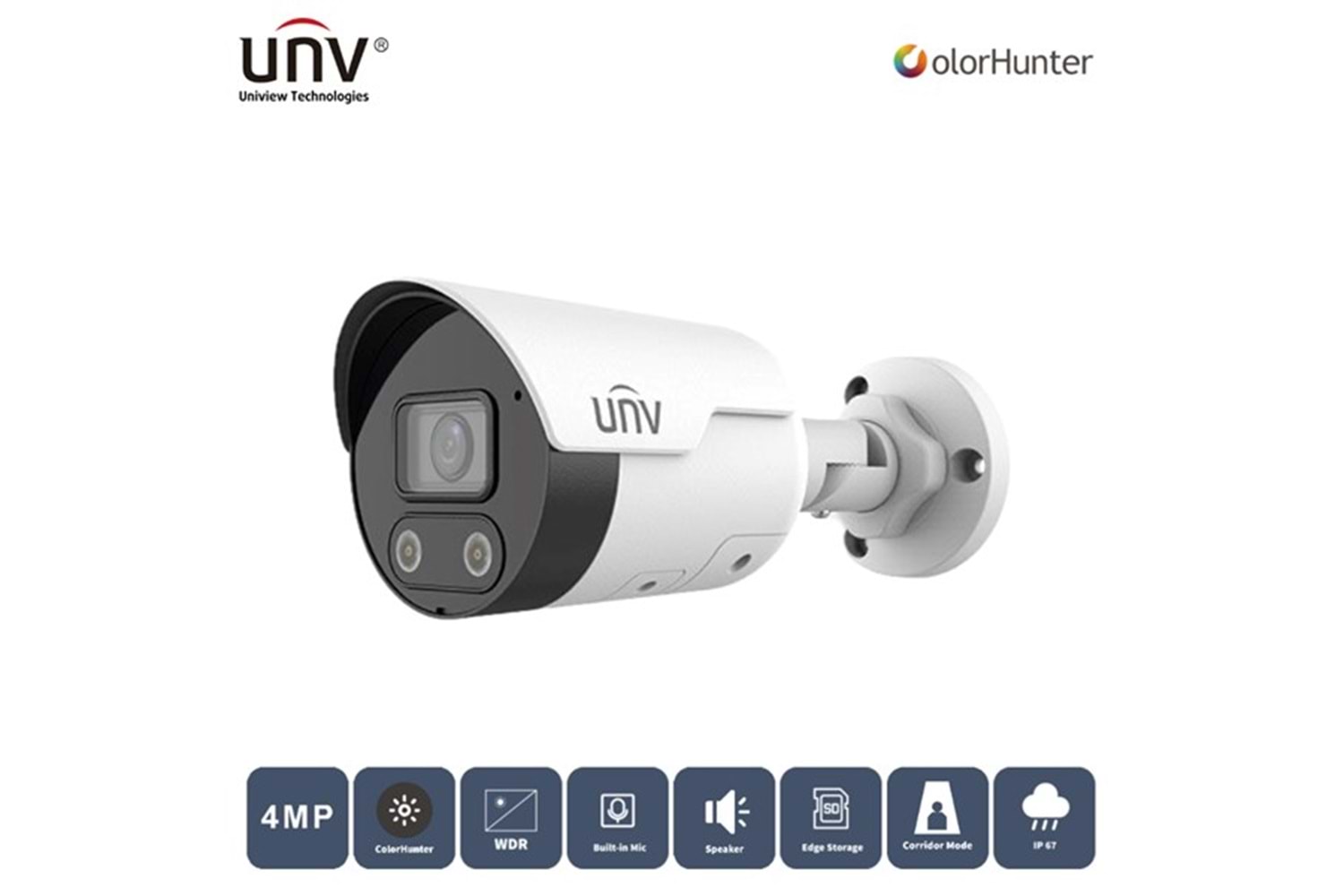 UNV 4MP IPC2124LE-ADF28-KMC-WL 2.8MM 50Mt Colorhunter Ip67 H265+ Ir Bullet Ip Kamera (Dahili Sesli Ve Hoparlörlü)
