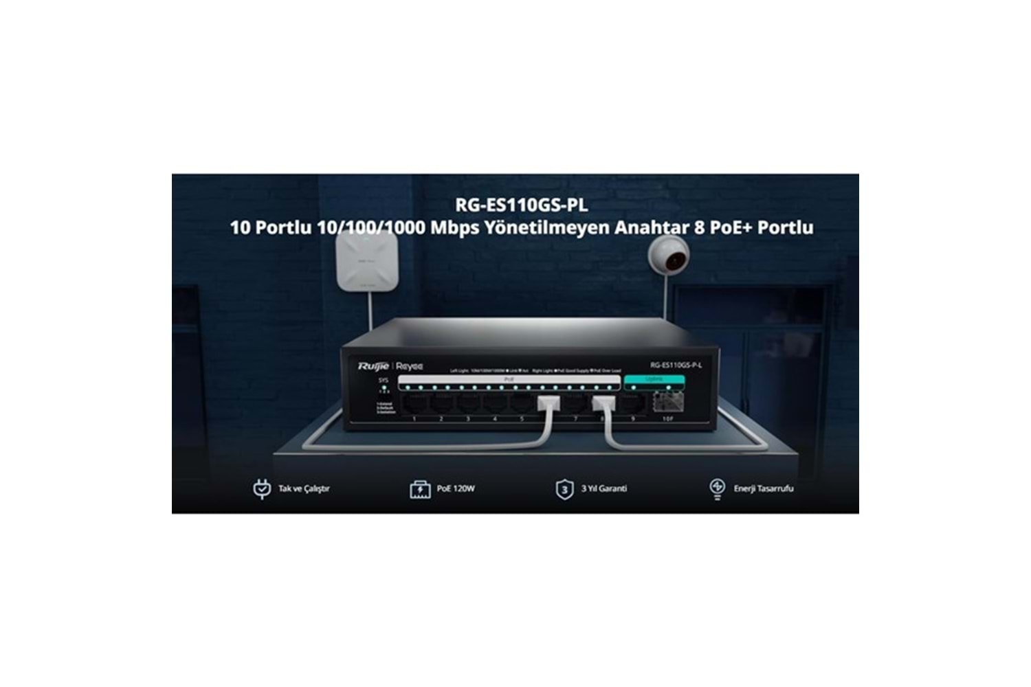 RUIJIE REYEE 8port RG-ES110GS-P-L GIGABIT 1-UPLINK 1-SFP 120W YÖNTİLEMEZ POE SWITCH