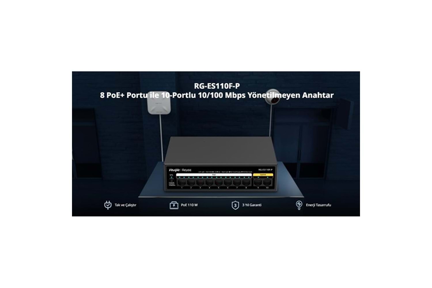 RUIJIE 8port RG-ES110F-P 10/100 2-UPLINK 110W YÖNETİLEMEZ POE SWITCH