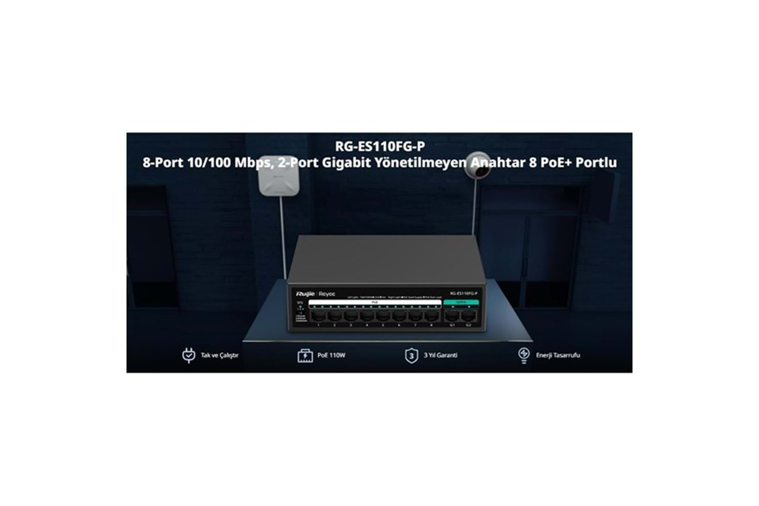 RUIJIE 8port RG-ES110FG-P 10//100 2-UPLINK 110W YÖNETİLEMEZ POE SWITCH