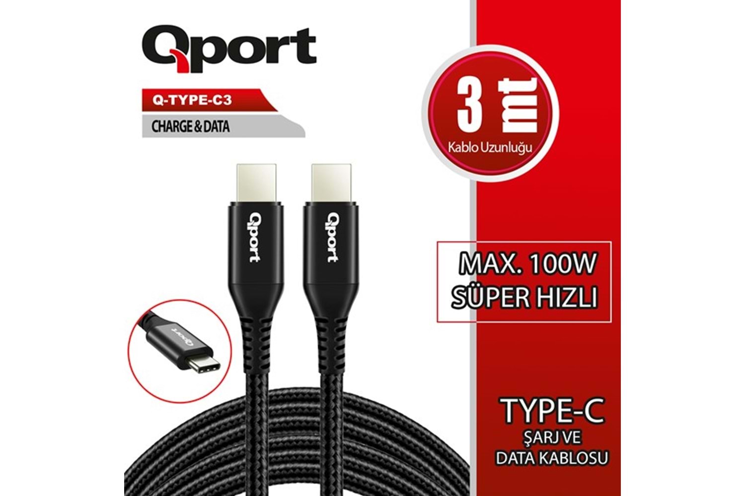 QPORT Q-TYPE-C3 3metre TYPE-C Görüntü Kablosu