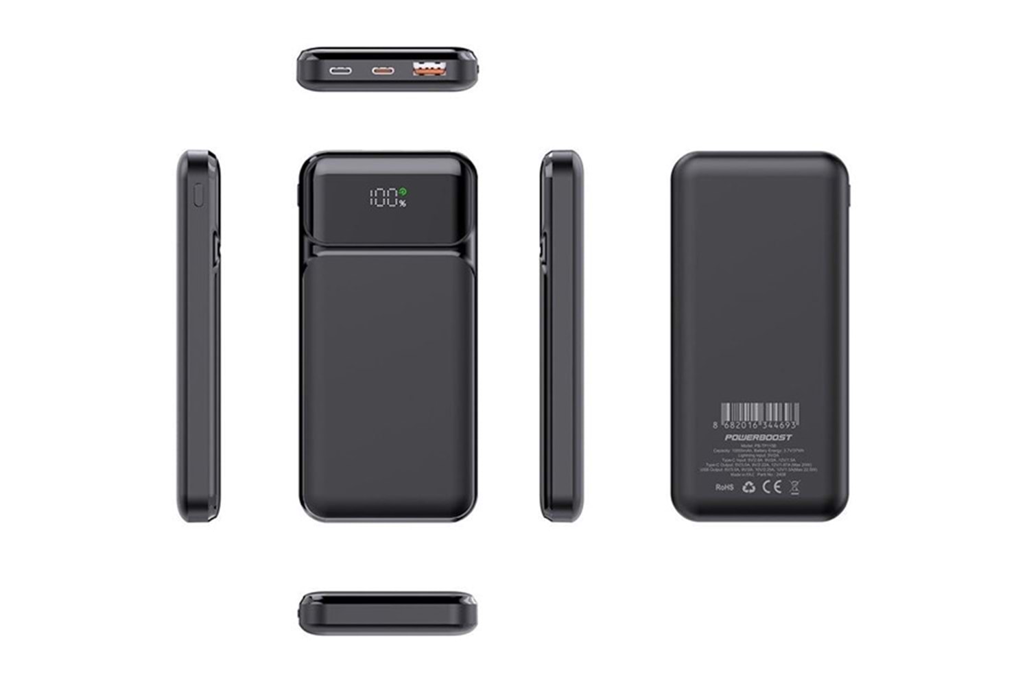 POWERBOOST NIGHT 115B 10000mAh 22.5W LCD GizliLED Siyah Taşınabilir Şarj Cihazı Powerbank