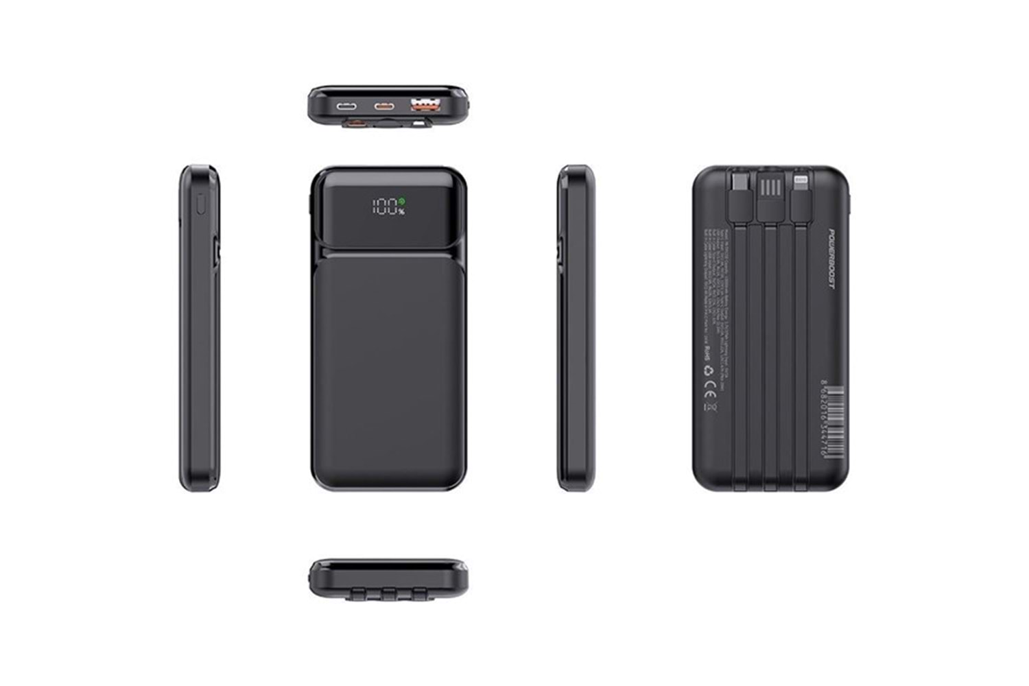 POWERBOOST NIGHT 125B 10000mAh 22.5W Dahili Kablolu LCD Siyah Taşınabilir Şarj Cihazı Powerbank