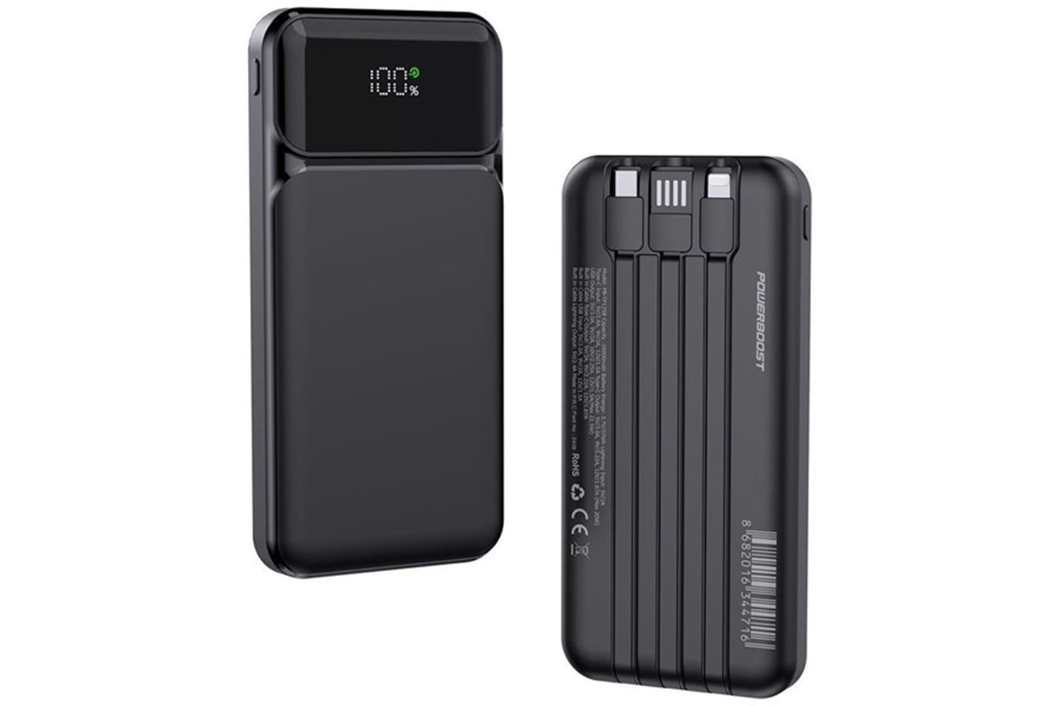 POWERBOOST NIGHT 125B 10000mAh 22.5W Dahili Kablolu LCD Siyah Taşınabilir Şarj Cihazı Powerbank