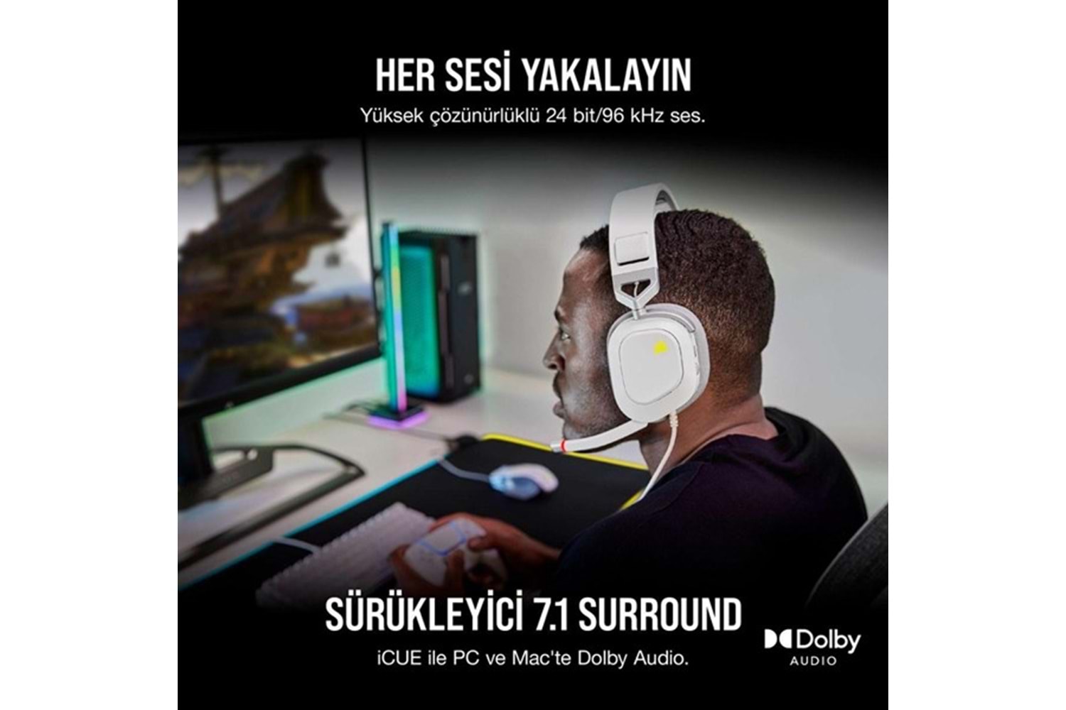 CORSAIR CA-9011238-Eu HS80 RGB Kablolu Oyuncu Kulaklığı - Beyaz