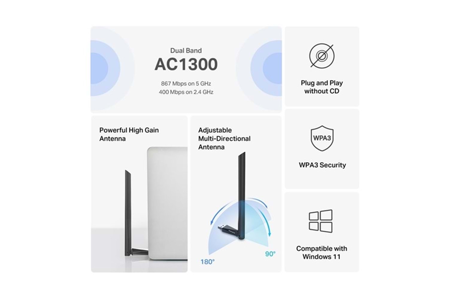 MERCUSYS MA30H AC1300 Yüksek Kazançlı Kablosuz Çift Bant USB Adaptörü