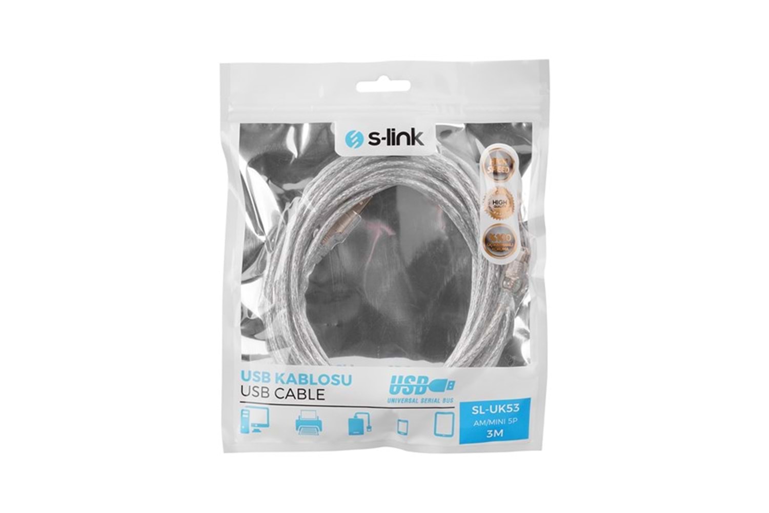 S-link SL-UK53 Usb2.0 3m Şeffaf Usb AM/Mini 5pin Kablo