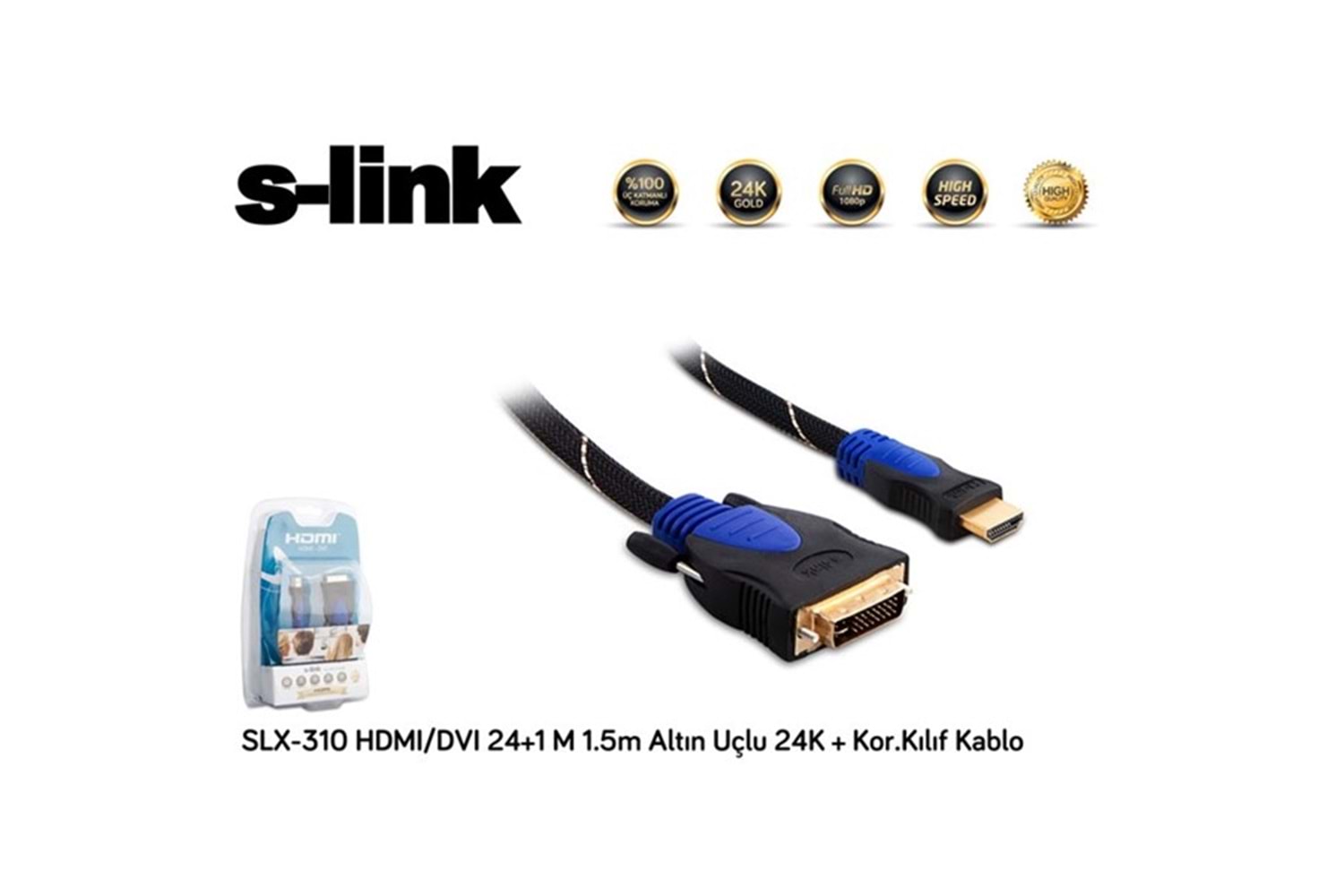 S-link SLX-310 HDMI/DVI 24+1 M 1.5m Altın Uçlu 24K + Kor.Kılıf Kablo