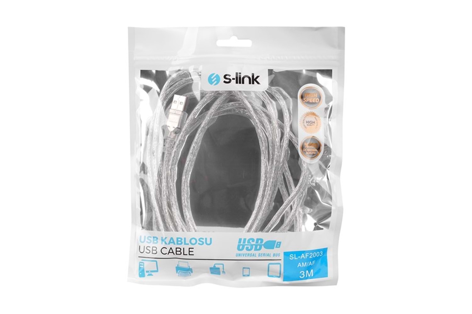 S-link SL-AF2003 Usb2.0 3m Şeffaf Uzatma Kablo